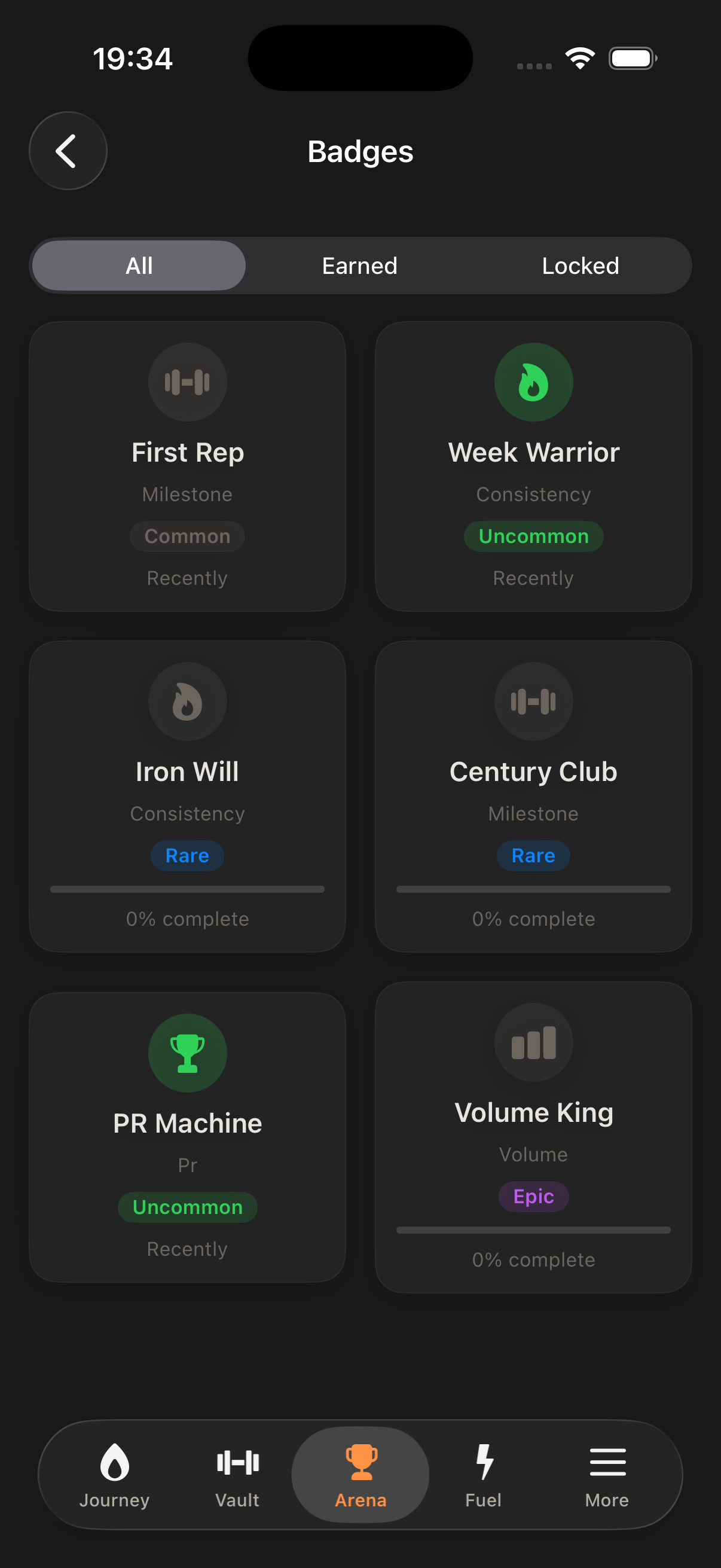 FitKind Arena badges gallery showing milestone, consistency, and PR badges.