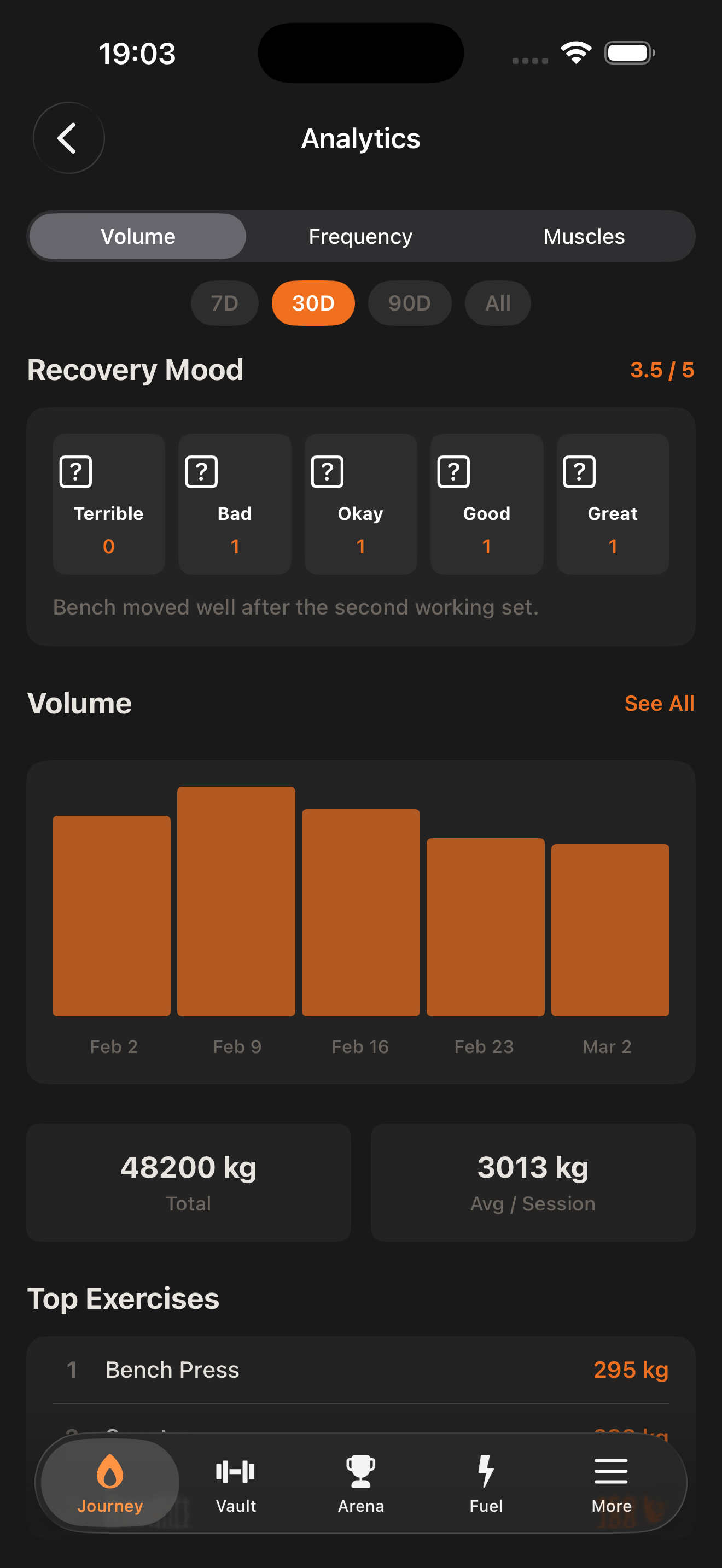 FitKind Journey analytics screen with recovery mood, volume charts, and top exercises.