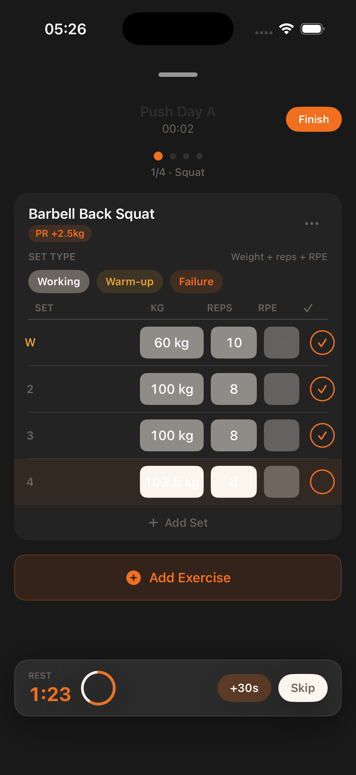 FitKind active workout logging screen with local set entry and rest timer controls.